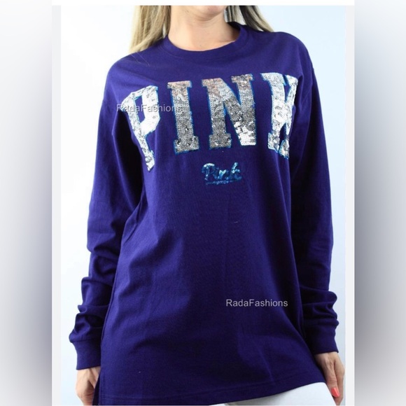 Victoria's Secret PINK Dark Purple w/ Silver Sequins Bling Campus Crew Tee L - Picture 1 of 9